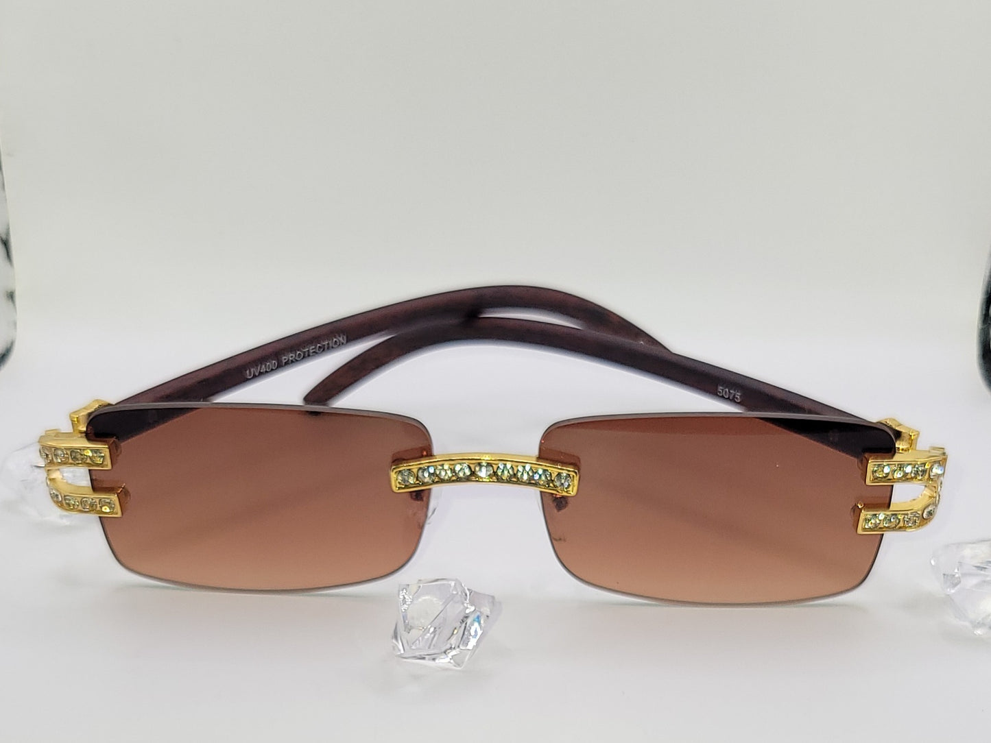 Rimless Luxury Rectangular Diamond Bridge Sunglasses