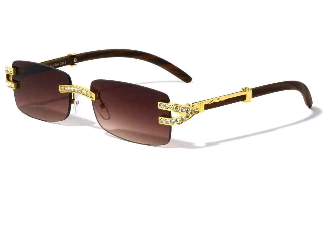 Rimless Luxury Rectangular Diamond Bridge Sunglasses